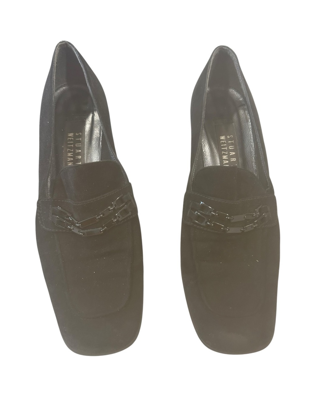 Stuart Weitzman Black Suede Loafer 9.5 B Chain Block Heel dark academia office - Picture 8 of 16
